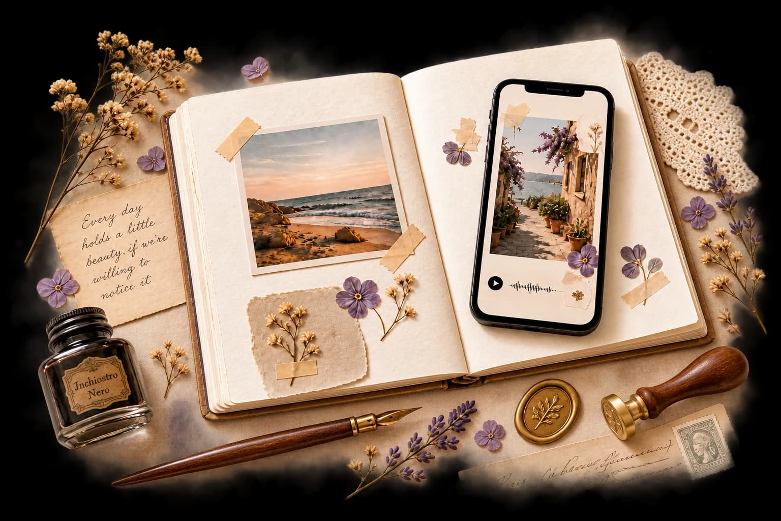 An open handmade diary beside a private journal app